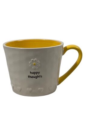 Inspirational Floral and Heart Happy Thoughts Mug with Yellow Interior / Handle